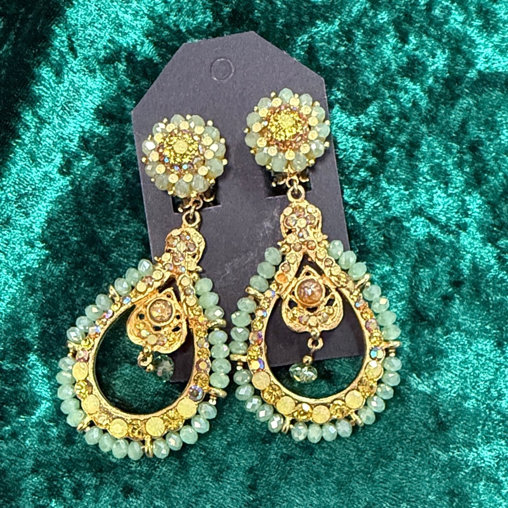 Elegant Gold and Green Beaded Teardrop Earrings